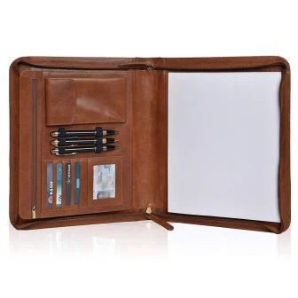 Brown Leather Portfolio With Zipper